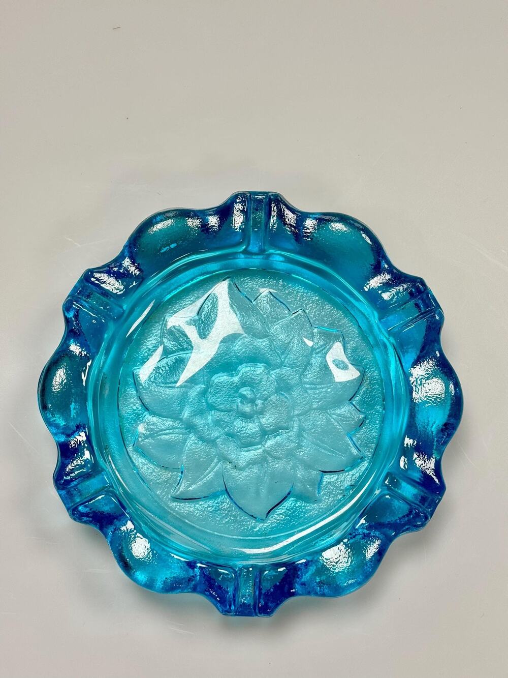 Vintage Aqua Blue Glass Floral Ashtray 10" MCM Scalloped Catchall Dish